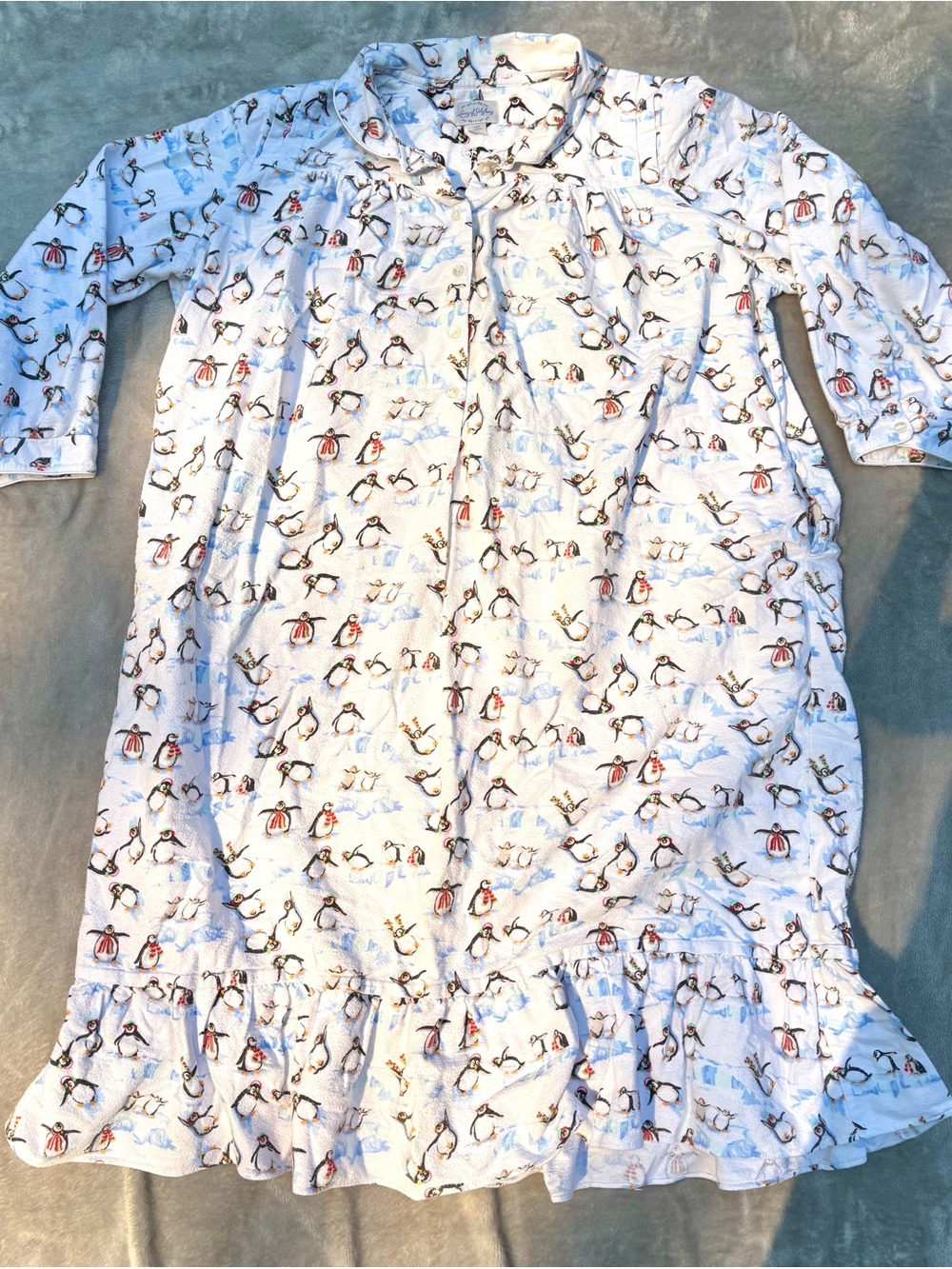 Lanz of Salzburg Flannel Nightgown  Winter Penguin Blue Prairie Gown Size 1X